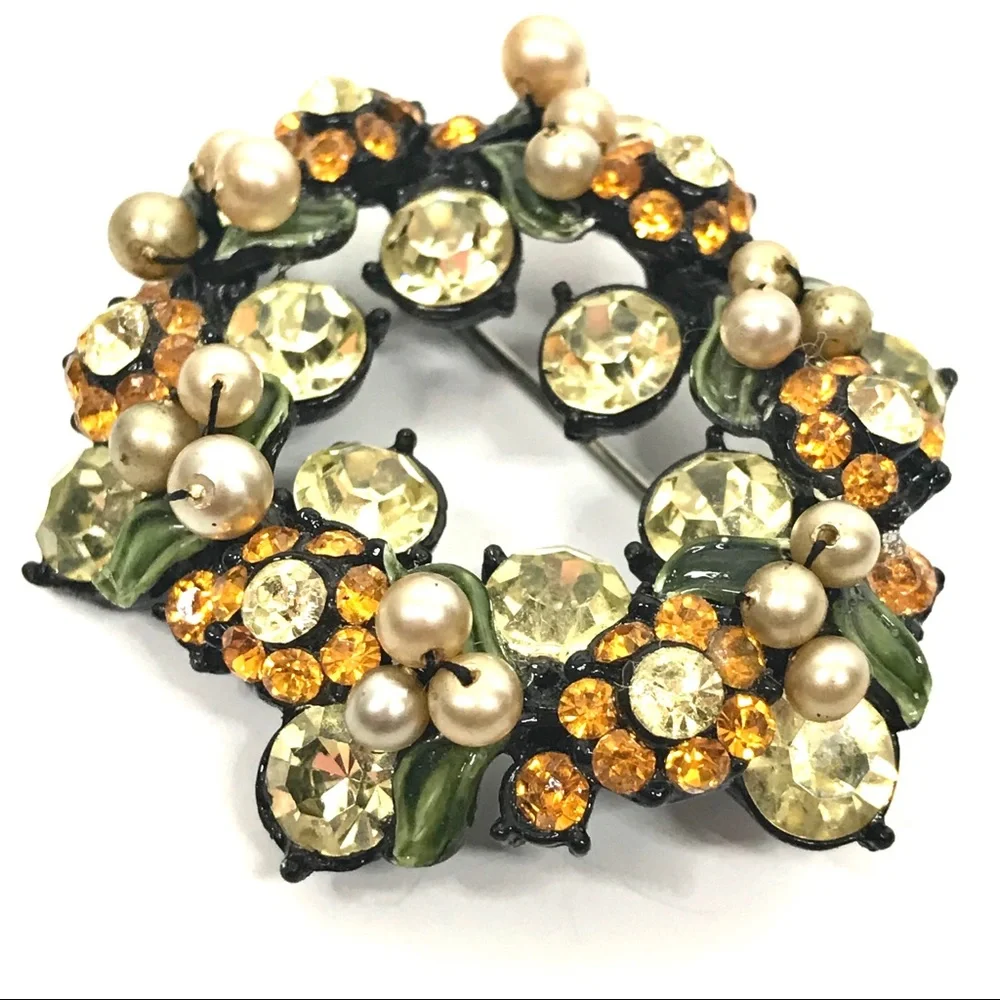 Vintage Rhinestone Brooch Flower Leaf Faux Pearl